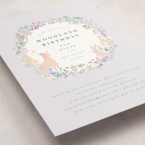 This is a dusk kids birthday invitations with standard by Lori Wemple called woodland printing on signature in standard