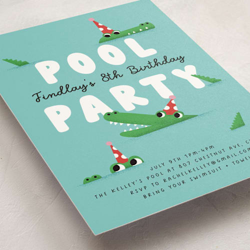 This is a fruit punch kids birthday invitations with standard by mo kelley called pool party printing on signature in standard