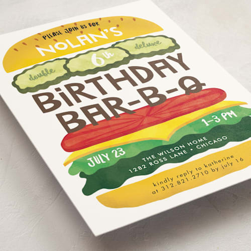 This is a classic kids birthday invitations with standard by Lehan Veenker called birthday burger printing on signature in standard
