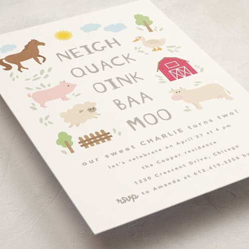 This is a cloud kids birthday invitations with standard by Creo Study called barnyard noises printing on signature in standard
