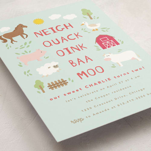 This is a sky kids birthday invitations with standard by Creo Study called barnyard noises printing on signature in standard