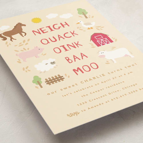 This is a buttercup kids birthday invitations with standard by Creo Study called barnyard noises printing on signature in standard