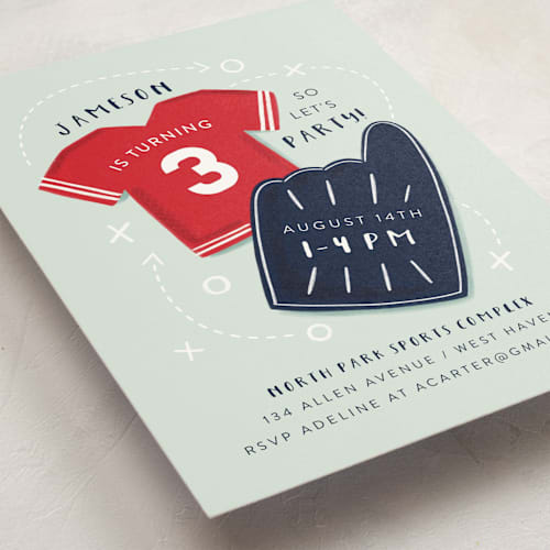 This is a navy kids birthday invitations with standard by JeAnna Casper called sports printing on signature in standard
