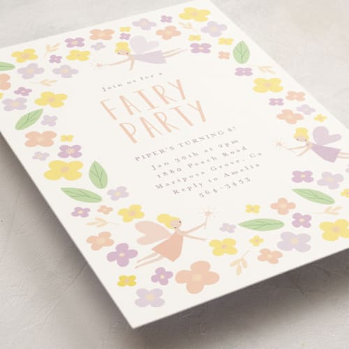 This is a peach kids birthday invitations with standard by Angela Thompson called fairy garden printing on signature in standard