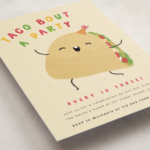 This is a tortilla kids birthday invitations with standard by Adelyn T. called taco bout a party printing on signature in standard