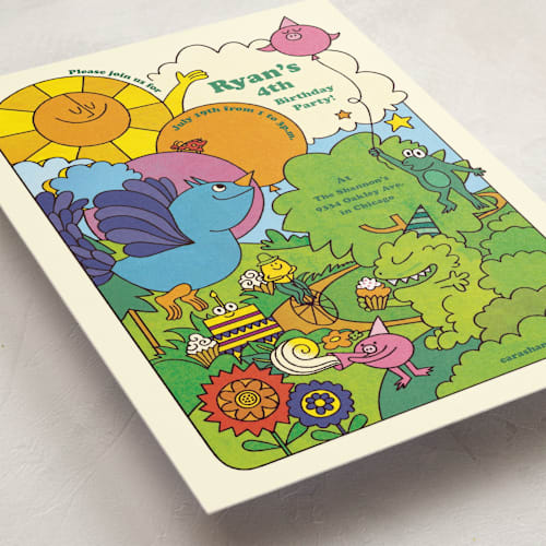 This is a summer kids birthday invitations with standard by Morgan Ramberg called birthday groove printing on signature in standard