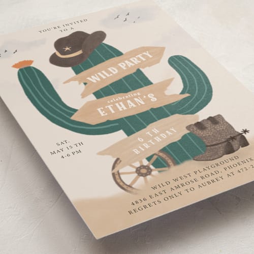 This is a sand kids birthday invitations with standard by Jelena Vuletic called cowboy party printing on signature in standard
