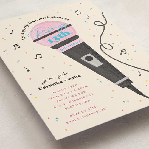 This is a electric blue kids birthday invitations with standard by Lisa McLean called karaoke time printing on signature in standard