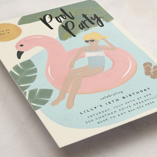 This is a powder blue kids birthday invitations with standard by Faith Dorn called splash flamingo printing on signature in standard