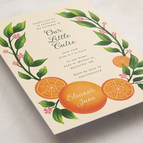 This is a clementine kids birthday invitations with standard by Megan Cash called cutie printing on signature in standard