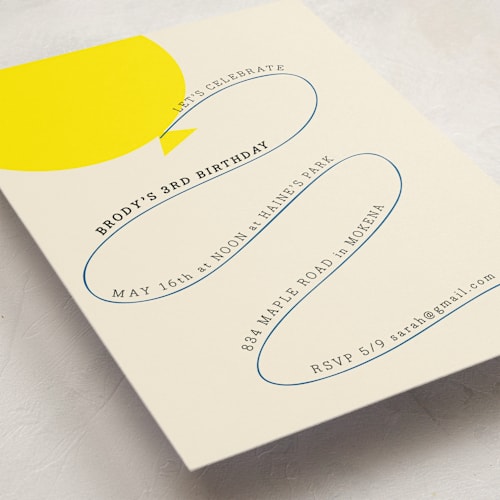 This is a cream kids birthday invitations with standard by Baumbirdy called balloon printing on signature in standard