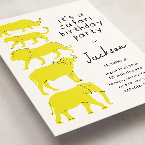 This is a sun kids birthday invitations with standard by Phrosné Barwood called modern safari party printing on signature in standard