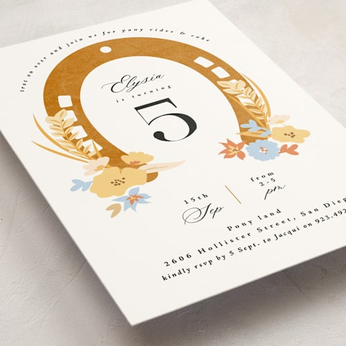 This is a sunny kids birthday invitations with standard by Corinne Malesic called pretty pony printing on signature in standard