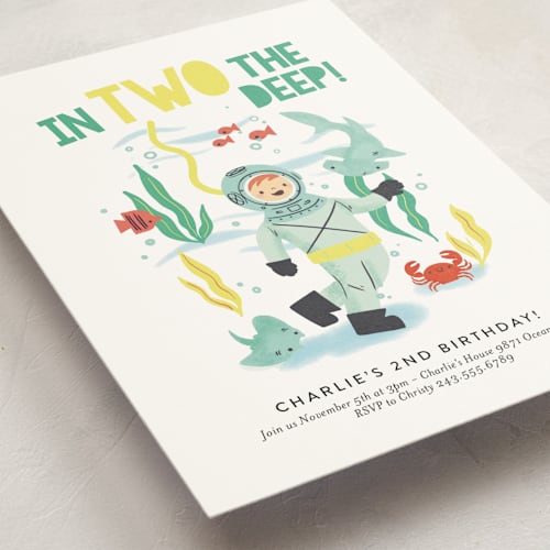 This is a sea green kids birthday invitations with standard by Itsy Belle Studio called deep dive printing on signature in standard