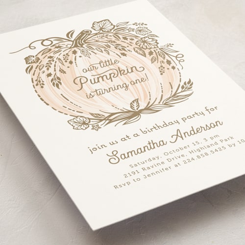 This is a peach kids birthday invitations with standard by Paper Sun Studio called little pumpkin printing on signature in standard