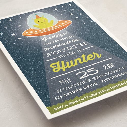 This is a neptune kids birthday invitations with standard by One Swell Studio called greetings, earthlings. printing on signature in standard