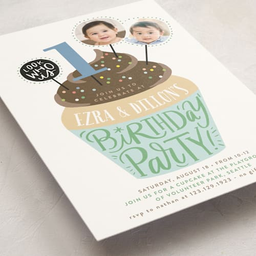 This is a turquoise kids birthday invitations with standard by Alethea and Ruth called cupcake topper printing on signature in standard