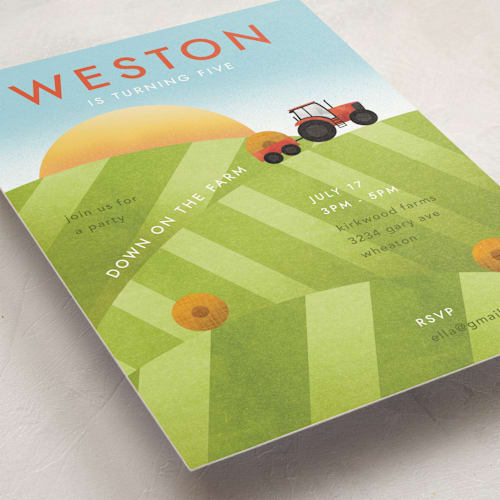 This is a field kids birthday invitations with standard by Erin German called down on the farm printing on signature in standard