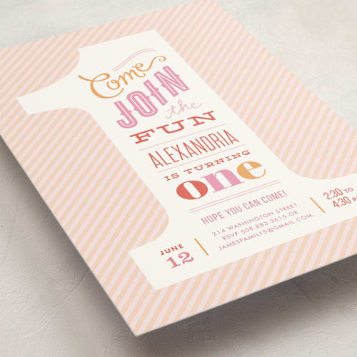 This is a cotton candy kids birthday invitations with standard by Jennifer Wick called the big one printing on signature in standard