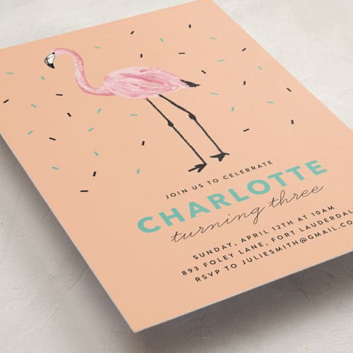 This is a coral kids birthday invitations with standard by Cass Loh called flamingo sprinkles printing on signature in standard