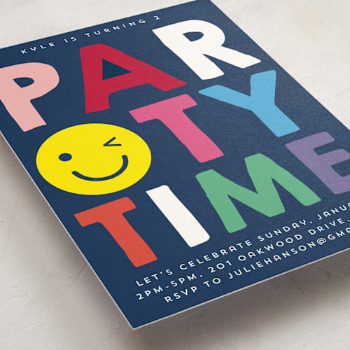 This is a navy kids birthday invitations with standard by Baumbirdy called emoji party printing on signature in standard
