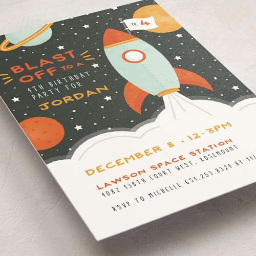 This is a moon kids birthday invitations with standard by Michelle Taylor called blast off printing on signature in standard