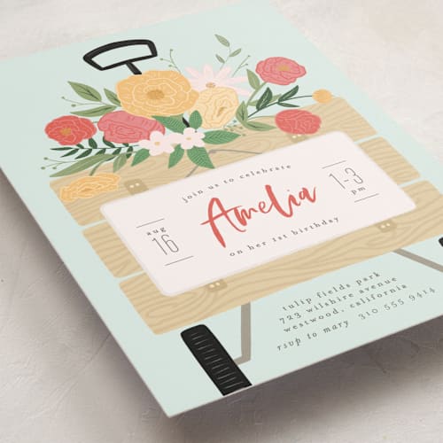 This is a strawberry kids birthday invitations with standard by Leah Bisch called flower wagon printing on signature in standard