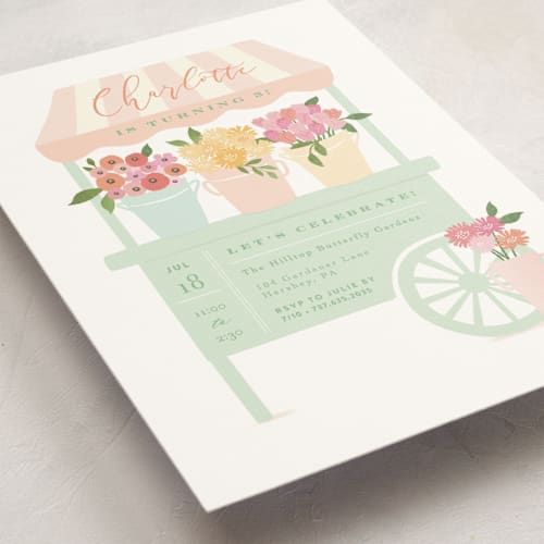 This is a grass kids birthday invitations with standard by Jennifer Wick called petite flower cart printing on signature in standard