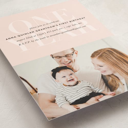This is a peach kids birthday invitations with standard by Up Up Creative called one year printing on signature in standard