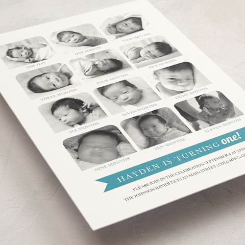 This is a light slate kids birthday invitations with standard by Katie Speelman called 12 months printing on signature in standard