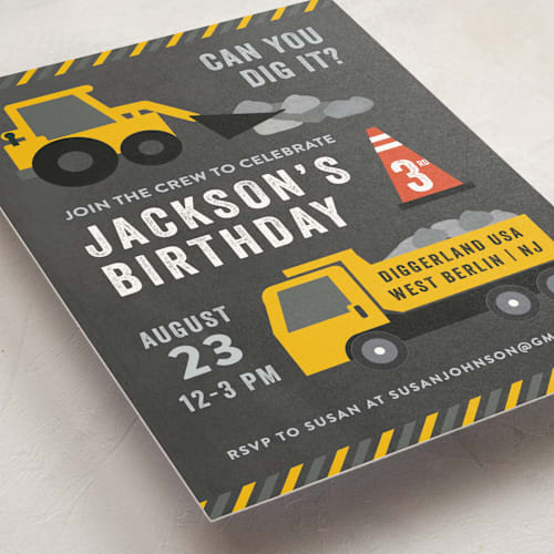 This is a chalkboard kids birthday invitations with standard by Annie Holmquist called party zone printing on signature in standard