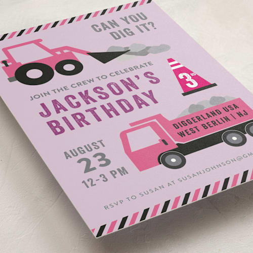 This is a lavender kids birthday invitations with standard by Annie Holmquist called party zone printing on signature in standard