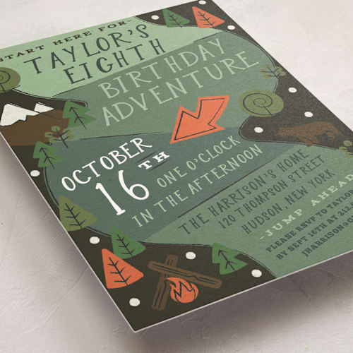 This is a forest kids birthday invitations with standard by Jennifer Lew called skip go printing on signature in standard