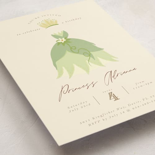 This is a southern cream kids birthday invitations with standard by Kate Ross called disney princess tiana's dress printing on signature in standard
