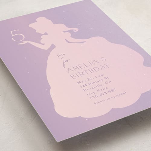 This is a lilac kids birthday invitations with standard by Angela Thompson called disney's sparkling princess belle printing on signature in standard