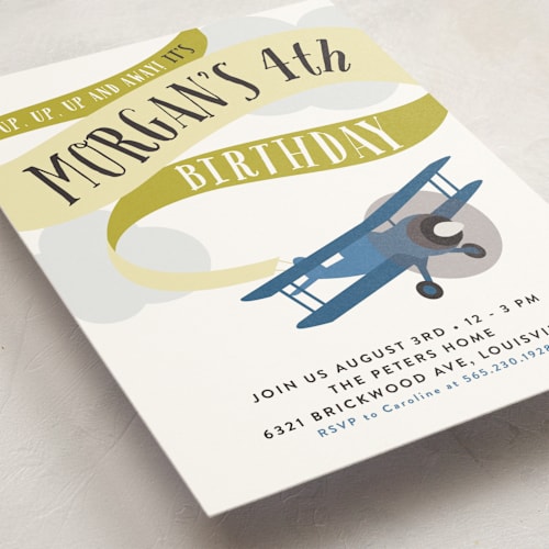 This is a mustard kids birthday invitations with standard by Haley Warner called banner takeoff printing on signature in standard