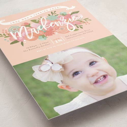 This is a peach kids birthday invitations with standard by Jennifer Wick called blooming peonies printing on signature in standard