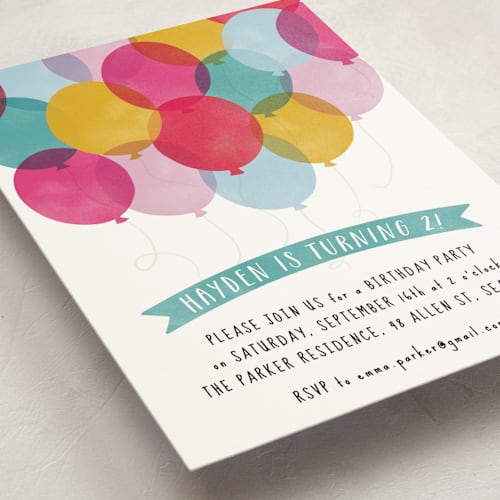 This is a teal kids birthday invitations with standard by Hooray Creative called birthday balloons printing on signature in standard