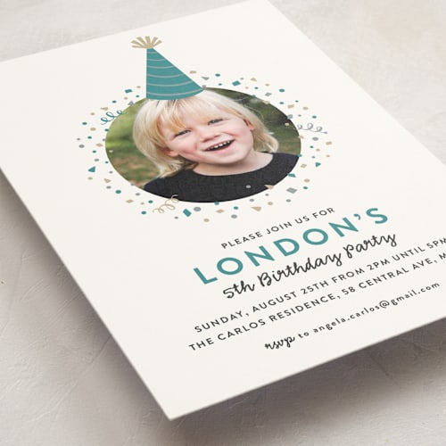 This is a teal kids birthday invitations with standard by Hooray Creative called party hat printing on signature in standard