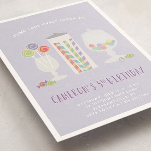 This is a lavender kids birthday invitations with standard by Annie Holmquist called candy shoppe printing on signature in standard