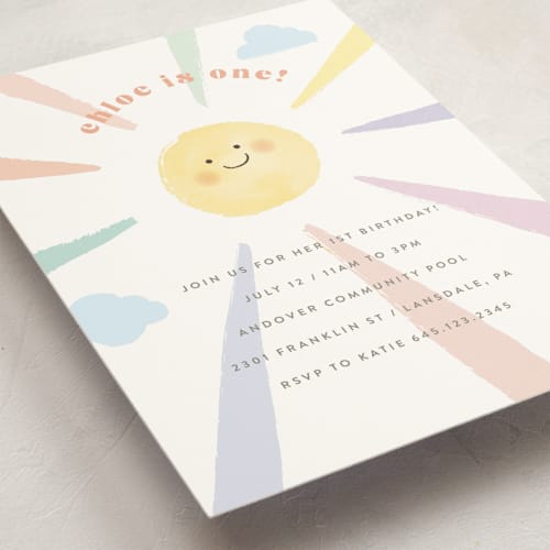 This is a sherbet kids birthday invitations with standard by Jennifer Wick called rainbow sun printing on signature in standard
