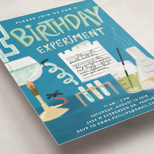 This is a cobalt kids birthday invitations with standard by Shiny Penny Studio called birthday experiment printing on signature in standard
