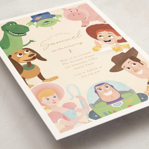 This is a lemonade kids birthday invitations with standard by Sabrin Deirani called disney's and pixar toy story friends printing on signature in standard