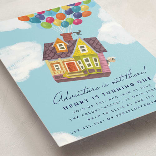 This is a sky kids birthday invitations with standard by Brooke Chandler called disney and pixar's adventure is out there! printing on signature in standard