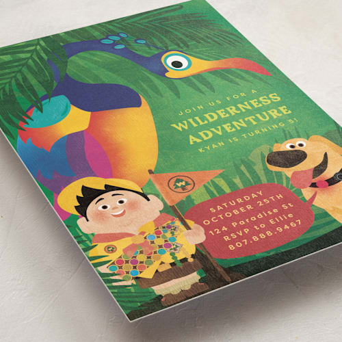 This is a paradise kids birthday invitations with standard by Kamala Nahas called disney and pixar's up wilderness adventure printing on signature in standard
