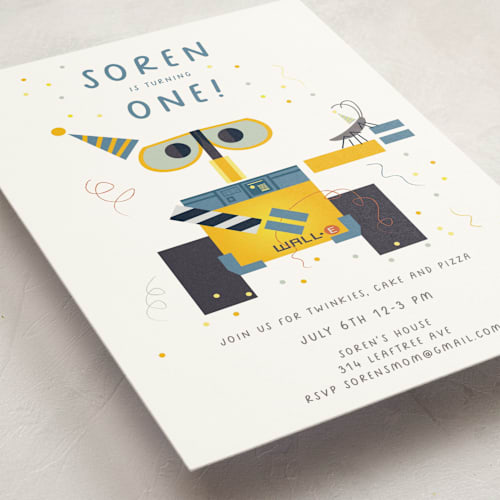This is a pearl kids birthday invitations with standard by Ani Somi called disney and pixar's wall-e and hal printing on signature in standard
