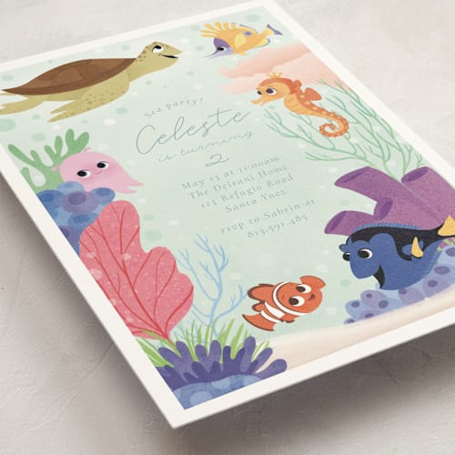 This is a seafoam kids birthday invitations with standard by Sabrin Deirani called disney and pixar's finding nemo friends printing on signature in standard