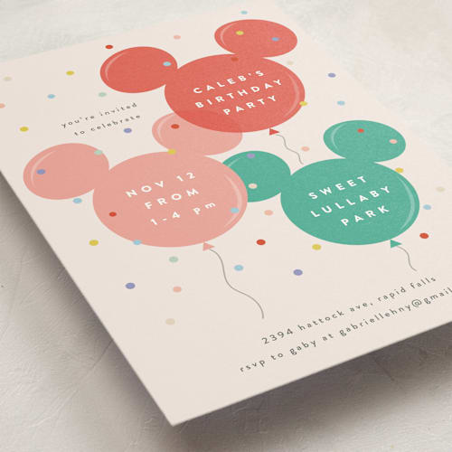 This is a berry kids birthday invitations with standard by chocomocacino called disney's mickey mouse balloon trio printing on signature in standard