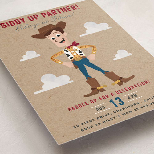 This is a rustic kids birthday invitations with standard by Oma N. Ramkhelawan called disney and pixar's howdy woody printing on signature in standard