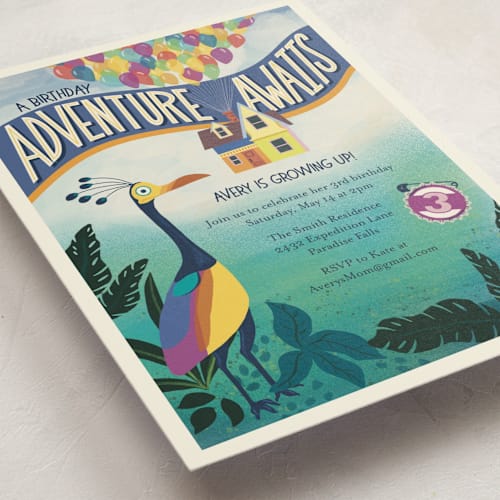 This is a sky kids birthday invitations with standard by Rebekah Canavan called disney and pixar up! adventure printing on signature in standard